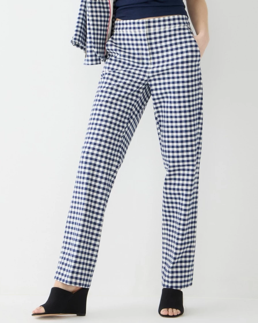 J.Crew Women's Dark Evening Gingham Straight-Leg Pant in Bi-Stretch Cotton Blend