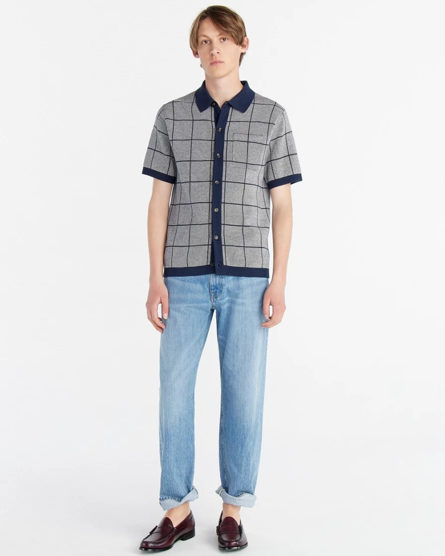 J.Crew Men's Navy Natural Windowpane Cotton Jacquard Short-Sleeve Polo Cardigan Sweater