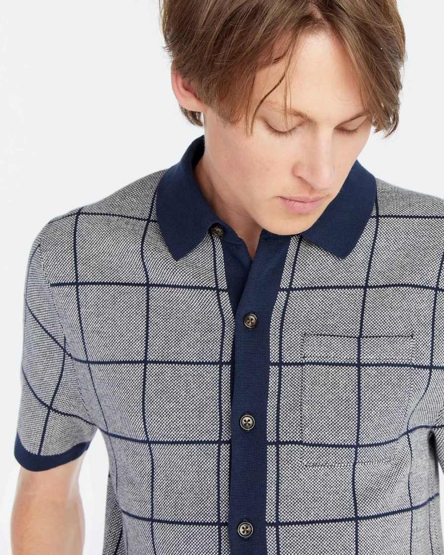 J.Crew Men's Navy Natural Windowpane Cotton Jacquard Short-Sleeve Polo Cardigan Sweater