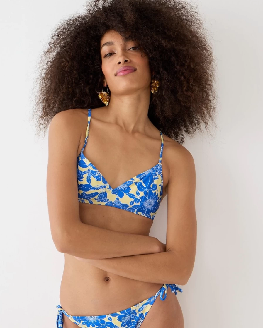 J.Crew Women's Cross-Back French Bikini Top in Sail Blue Floral Print