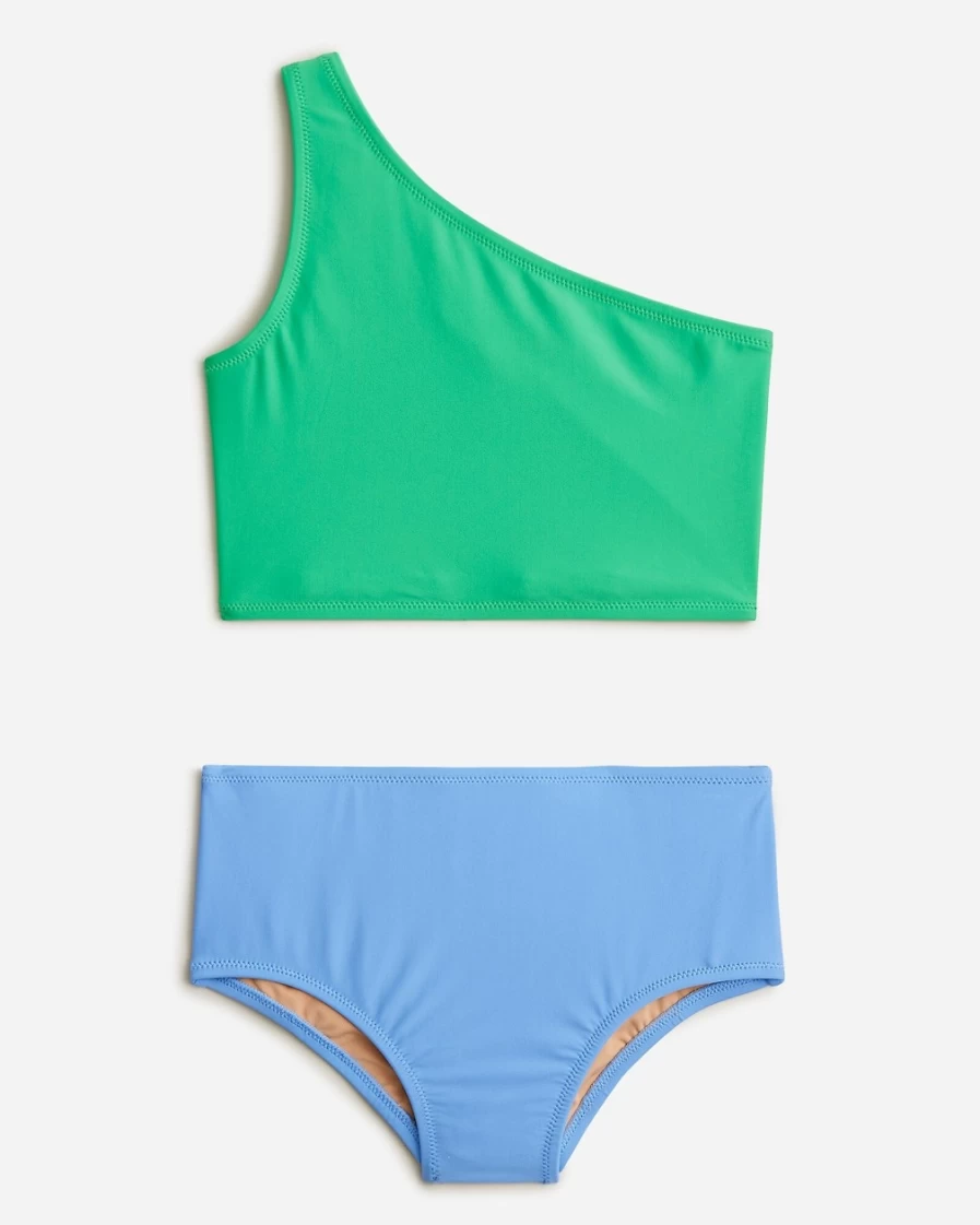 J.Crew Girls' Peri Summer Green Colorblock One-Shoulder Two-Piece Swimsuit with UPF 50+ Protection