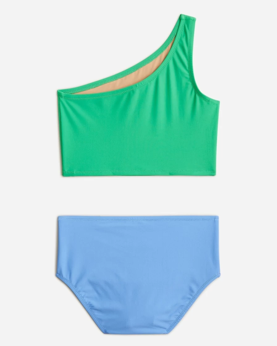 J.Crew Girls' Peri Summer Green Colorblock One-Shoulder Two-Piece Swimsuit with UPF 50+ Protection
