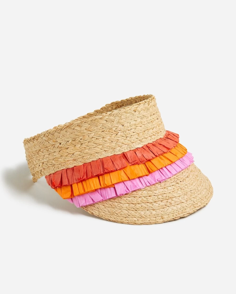 J.Crew Girls' Bright Pink Straw Fringe Visor Hat for Summer