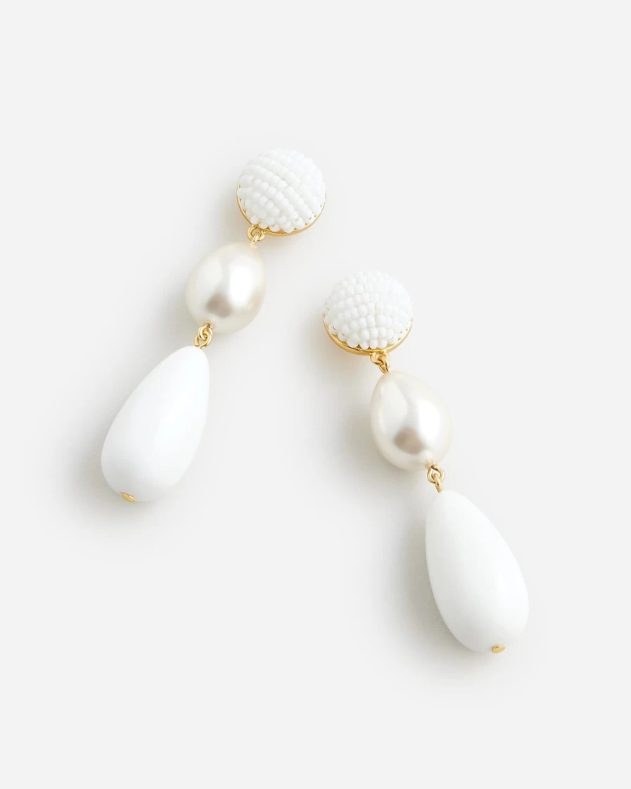 J.Crew Women's White Bead and Pearl Drop Earrings | Elegant Dangling Jewelry