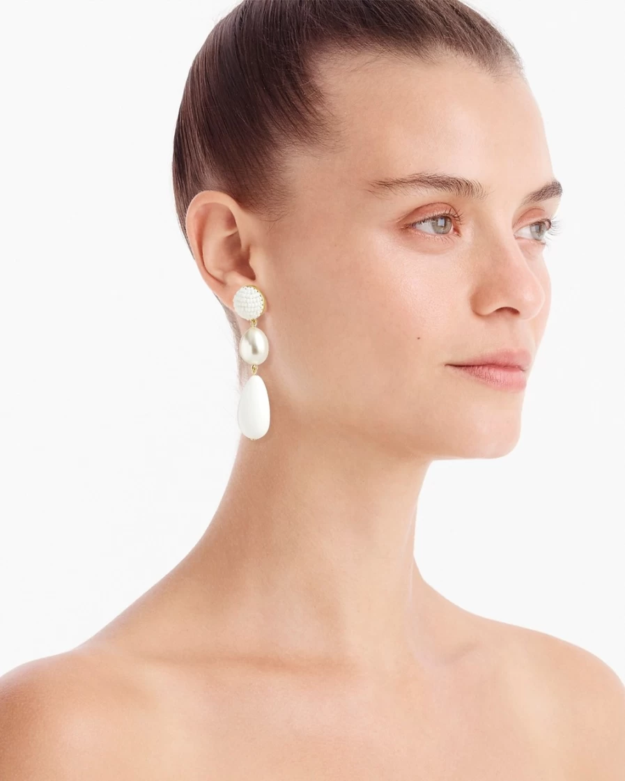 J.Crew Women's White Bead and Pearl Drop Earrings | Elegant Dangling Jewelry
