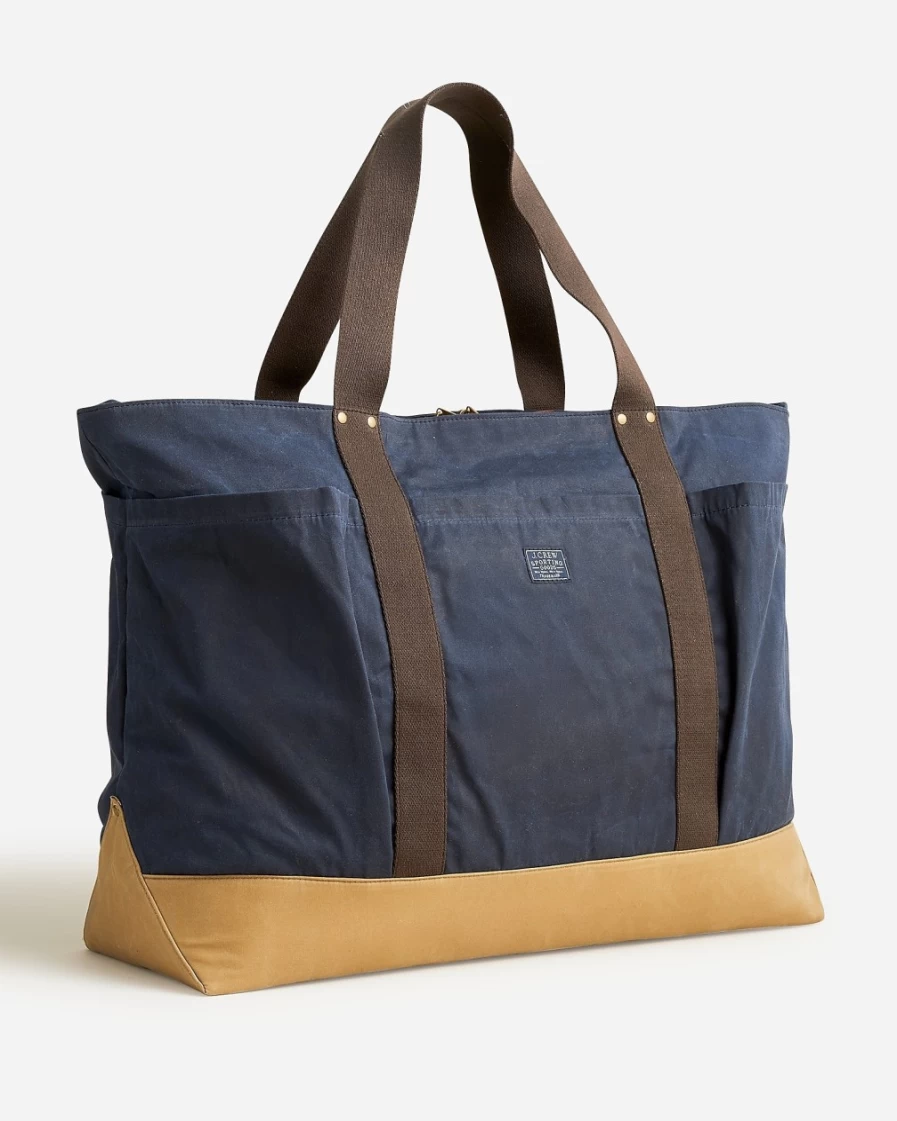 J.Crew Men's Waxed-Canvas Tote Bag in Khaki Navy Mix - Durable & Stylish Carryall