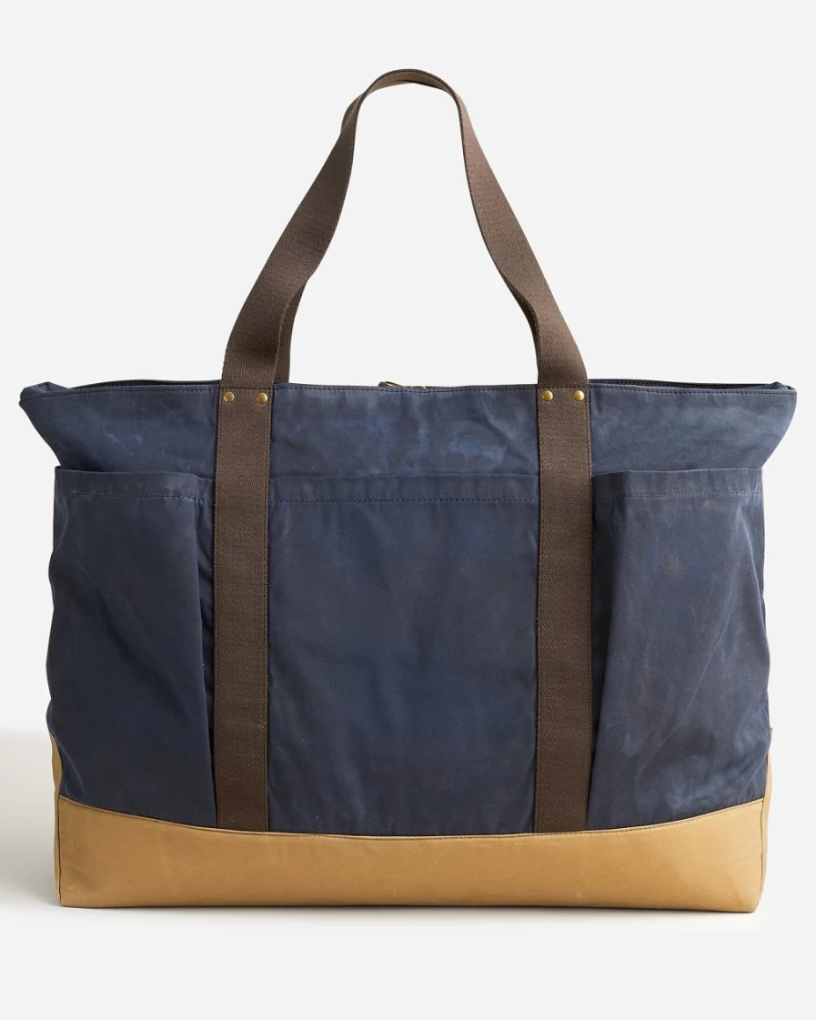 J.Crew Men's Waxed-Canvas Tote Bag in Khaki Navy Mix - Durable & Stylish Carryall