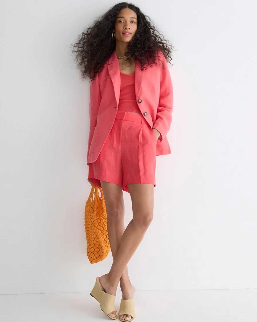 J.Crew Women's Brilliant Papaya High-Rise Pleated Suit Shorts in Chelsea Linen-Cupro Blend
