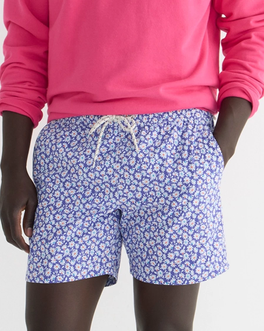 Men's J.Crew 6" Stretch Swim Trunks in Provincial Meadow Blue Floral Print with Econyl® Nylon