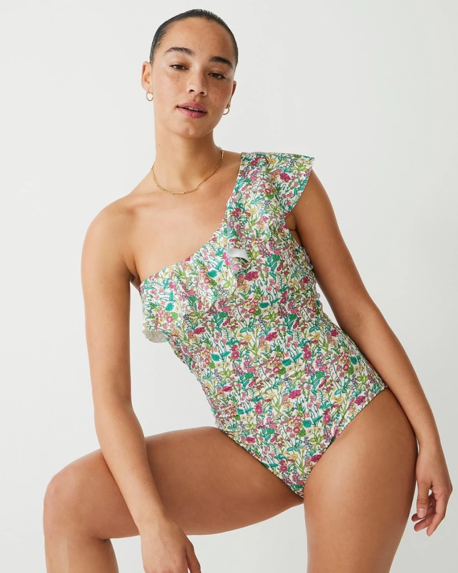J.Crew Women's White Multi Liberty® Fabric Ruffle One-Shoulder One-Piece Swimsuit
