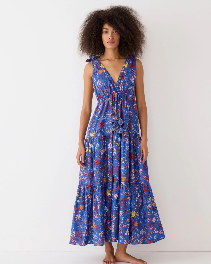 J.Crew Women's Blue Tie-Shoulder Maxi Cover-Up Dress | Dauphinette Collab Cornucopia Floral