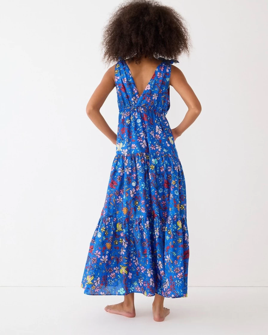 J.Crew Women's Blue Tie-Shoulder Maxi Cover-Up Dress | Dauphinette Collab Cornucopia Floral