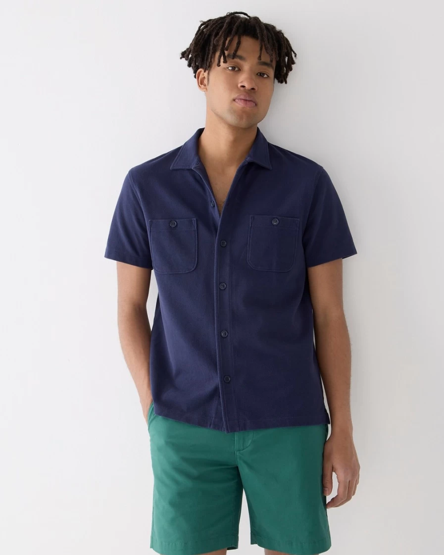 J.Crew Men's Navy Piqué Camp-Collar Shirt – Classic Casual Style