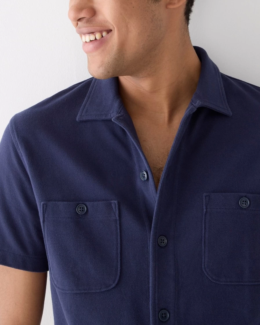 J.Crew Men's Navy Piqué Camp-Collar Shirt – Classic Casual Style