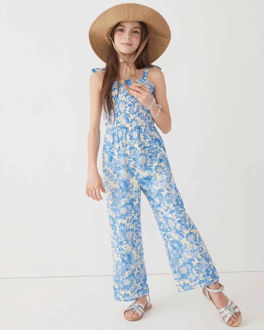 J.Crew Girls' Floral Tie-Shoulder Jumpsuit in Sail Blue
