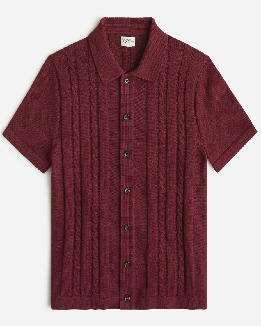 J.Crew Men's Deep Rosewood Cotton Cable-Knit Short-Sleeve Polo Cardigan Sweater