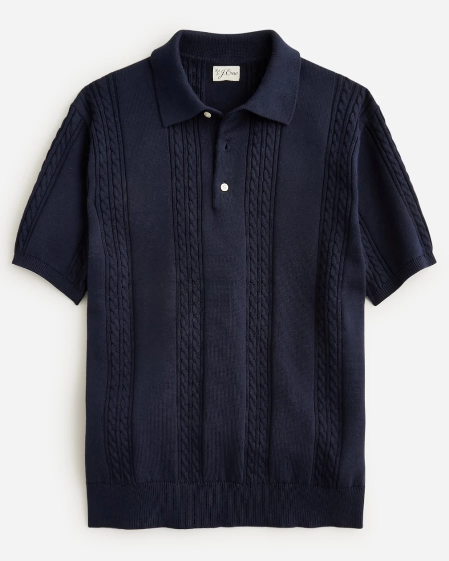 J.Crew Men's Navy Cotton Cable-Knit Short-Sleeve Polo Cardigan Sweater