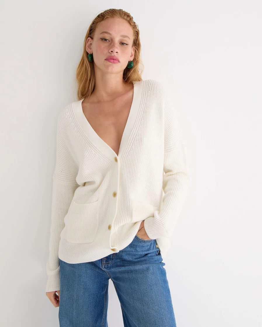 J.Crew Women's Ivory V-Neck Cotton-Blend Cardigan Sweater