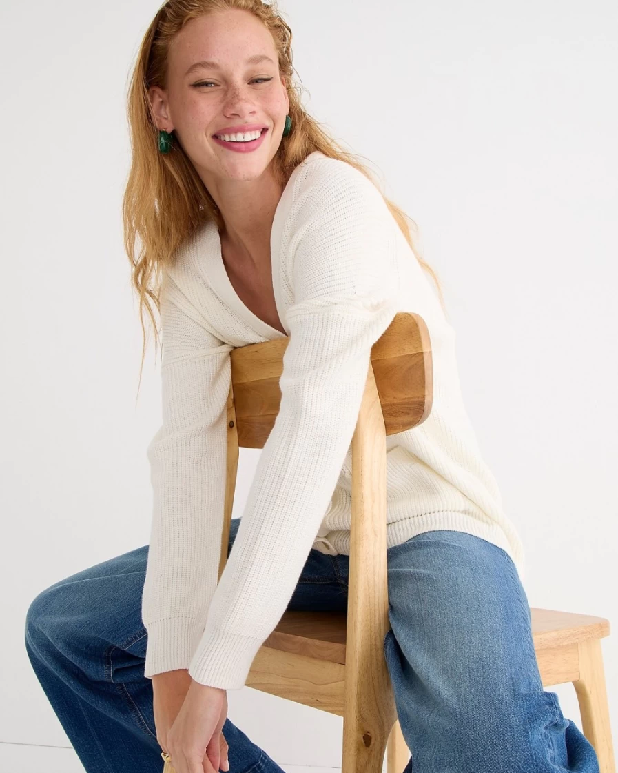 J.Crew Women's Ivory V-Neck Cotton-Blend Cardigan Sweater