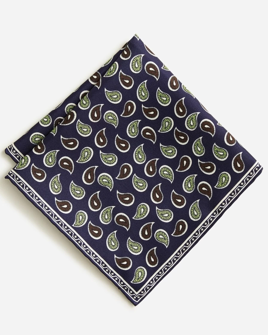 J.Crew Men's Navy Yellow Brown Paisley Silk Pocket Square for Formal Wear