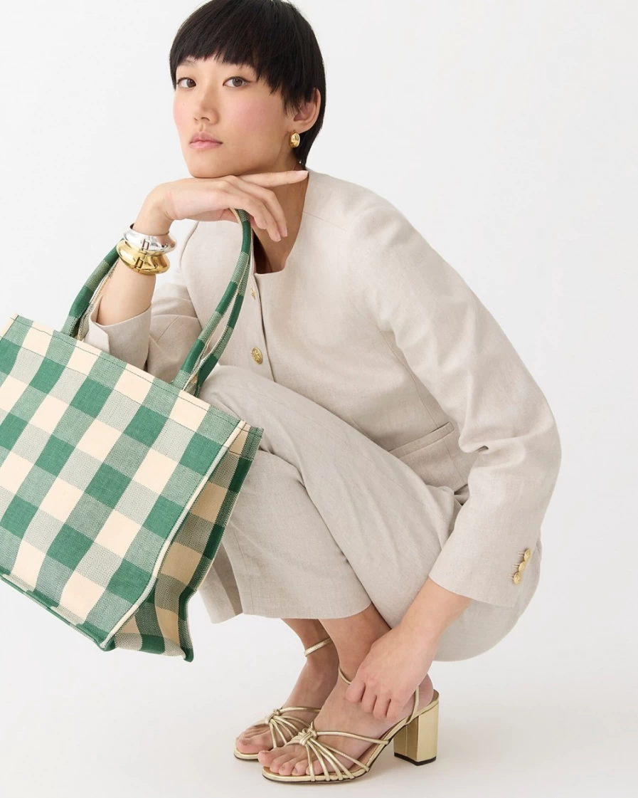 J.Crew Women's Marseille Tote Bag in Green Gingham Woven Fabric
