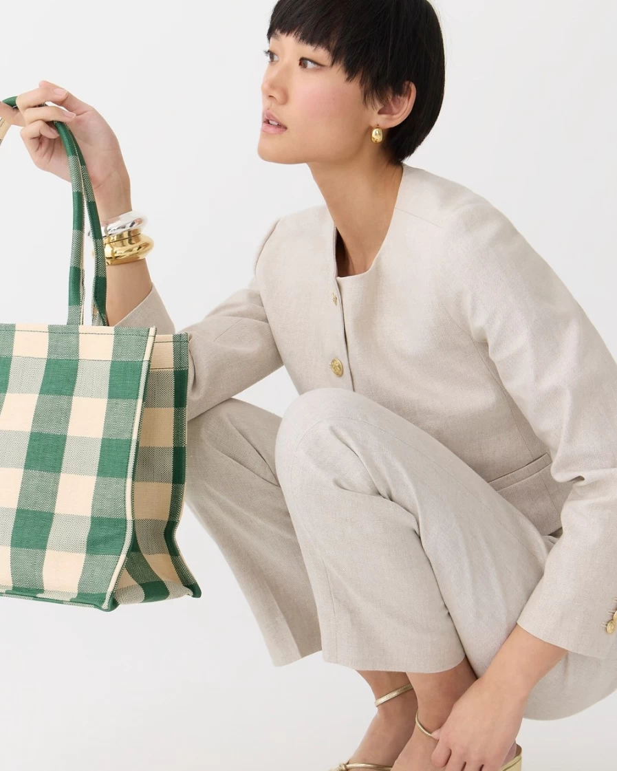 J.Crew Women's Marseille Tote Bag in Green Gingham Woven Fabric