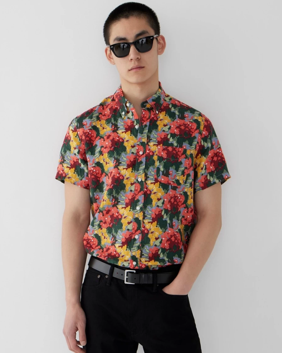 J.Crew Men's Breeze Floral Blue Mult Short-Sleeve Linen Printed Shirt