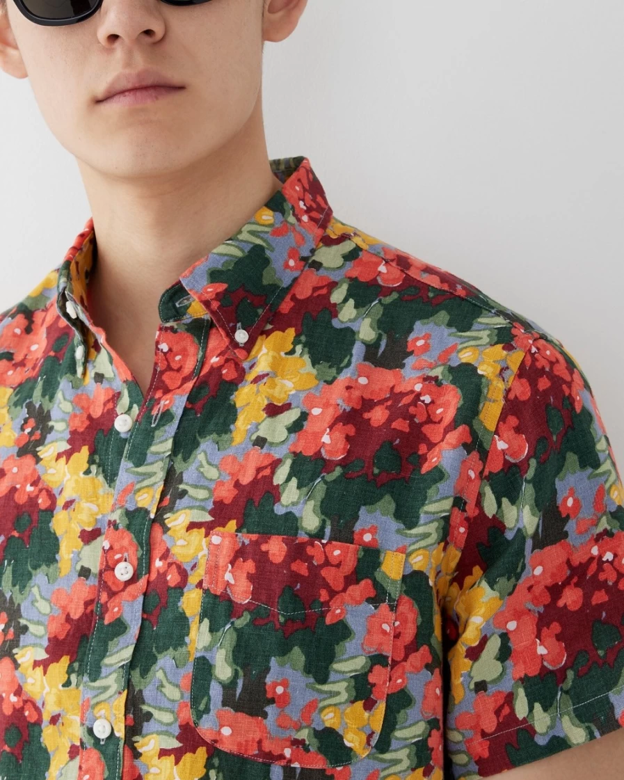J.Crew Men's Breeze Floral Blue Mult Short-Sleeve Linen Printed Shirt