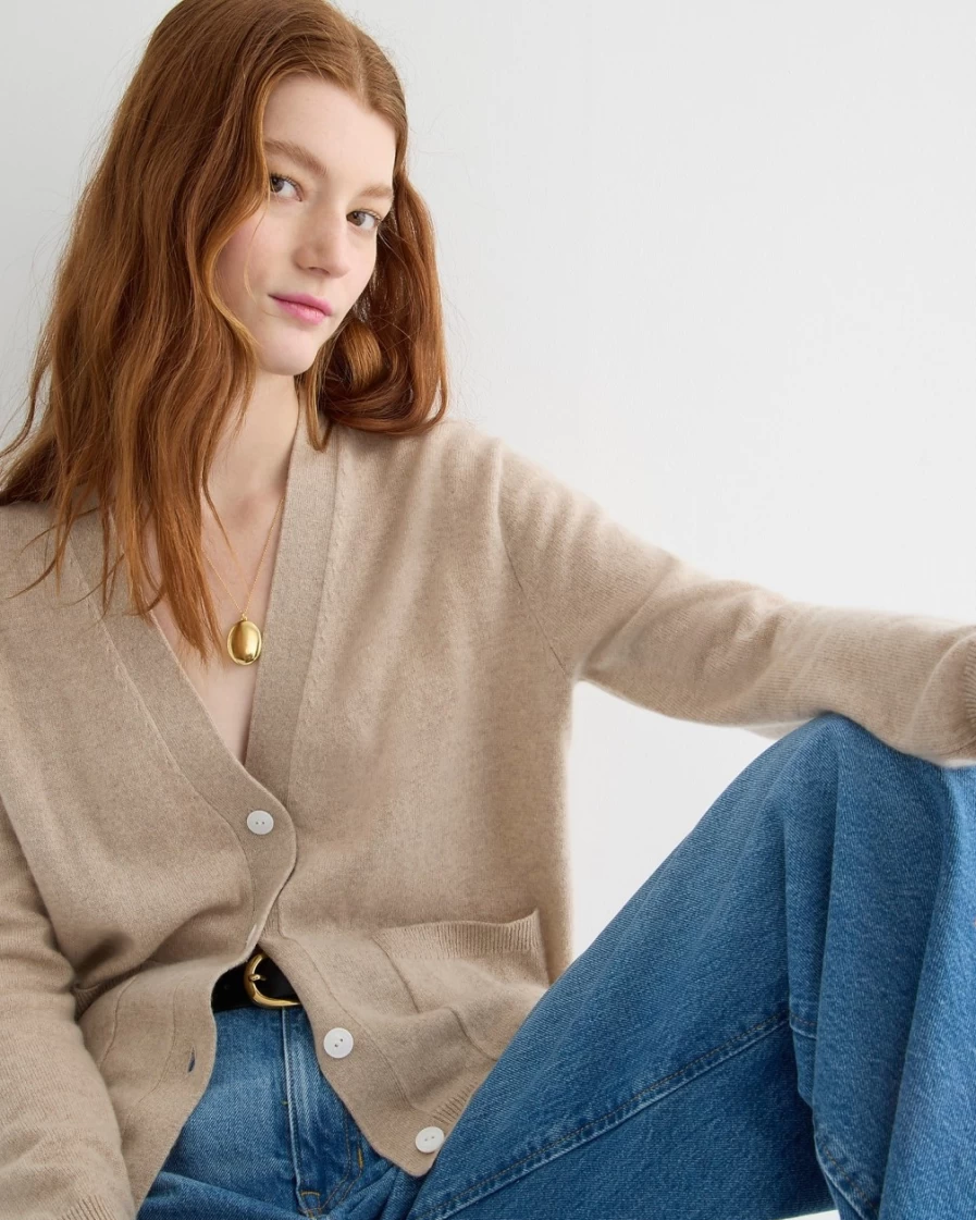 J.Crew Women's Heather Stone Cashmere Cardigan Sweater with Patch Pockets