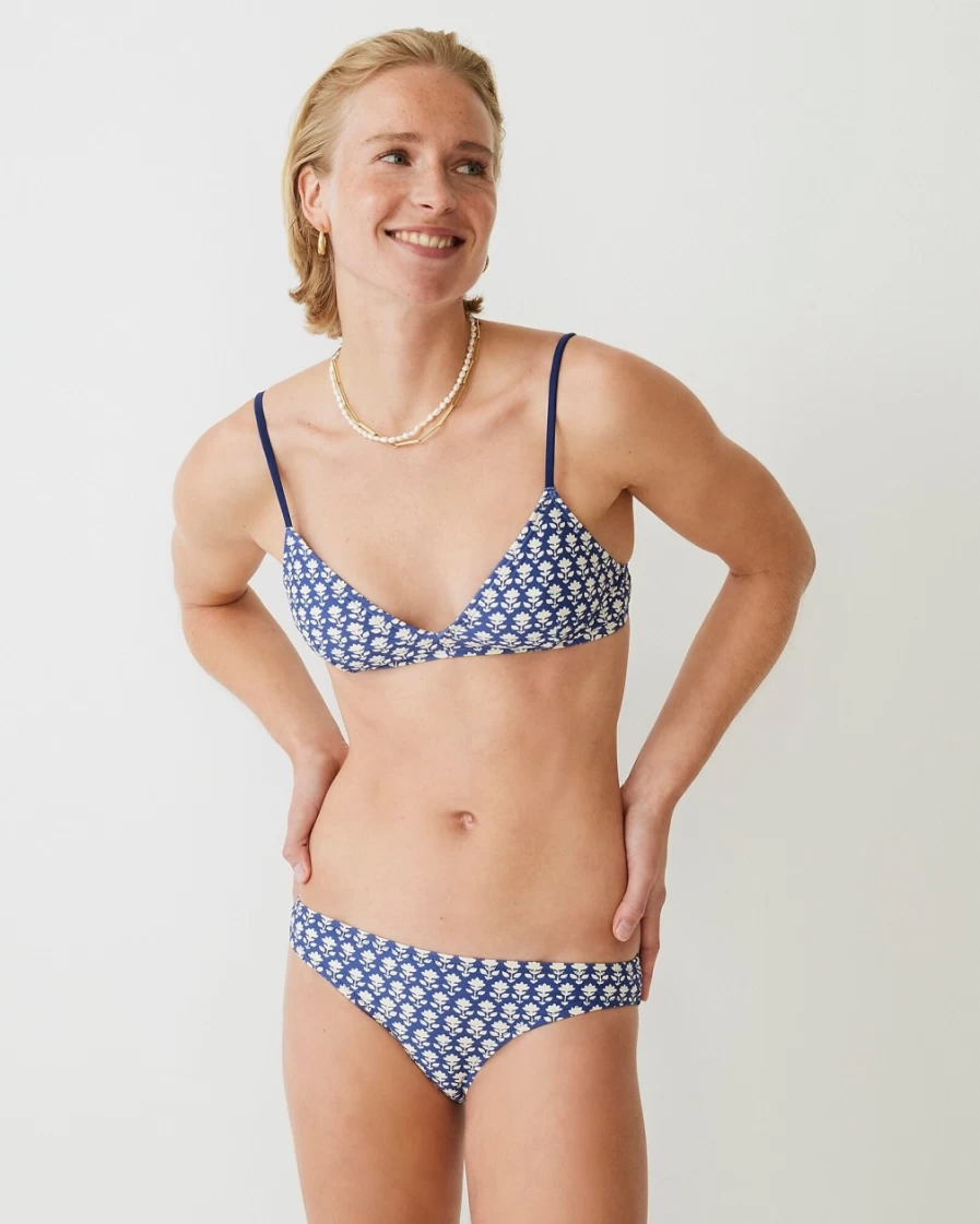 J.Crew Women's Porter Blue French Bikini Top with Blue Stamp Floral Design