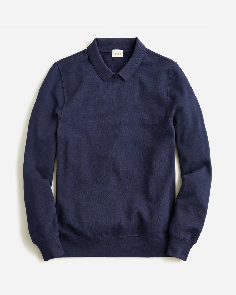 J.Crew Men's Navy Piqué Fleece Collared Sweatshirt - Comfortable & Stylish Pullover