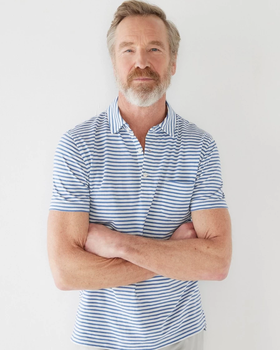 J.Crew Men's Slub Cotton Polo Shirt - Yarn-Dyed Ivory Blue Striped Casual Top