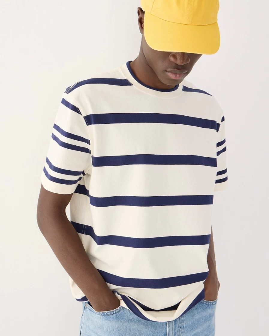 J.Crew Men's Relaxed Premium-Weight Cotton Striped T-Shirt in Ivory & Navy