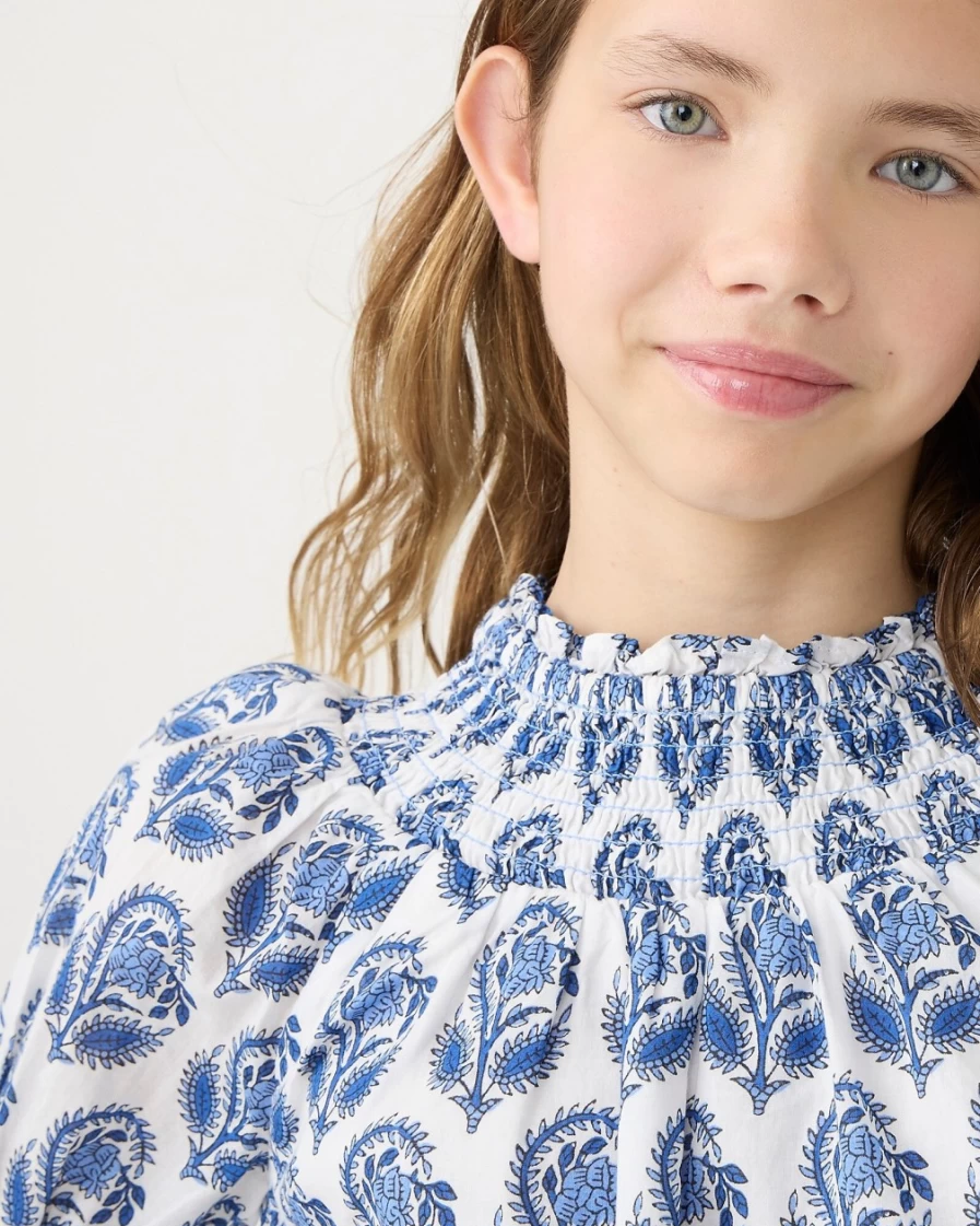 J.Crew Girls' Bright Peri Smocked Block Print T-Shirt