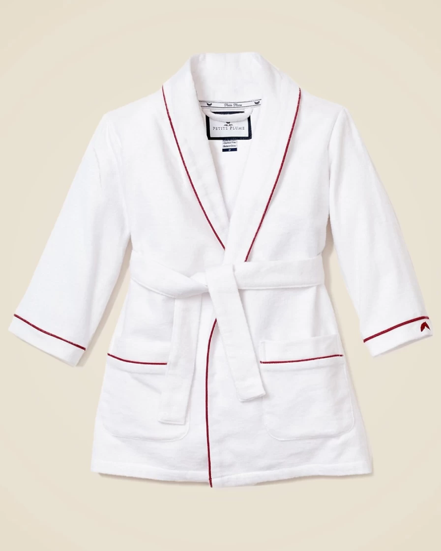 J.Crew Petite Plume Girls' White Flannel Robe with Piping - Cozy Kids Bathrobe