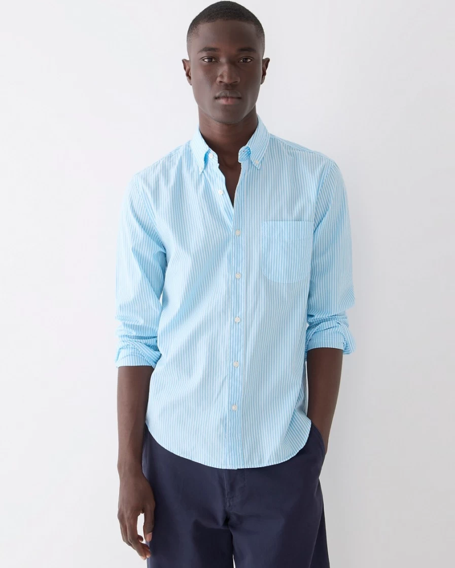 J.Crew Men's Secret Wash Cotton Poplin Shirt in Crew Stripe Blue White