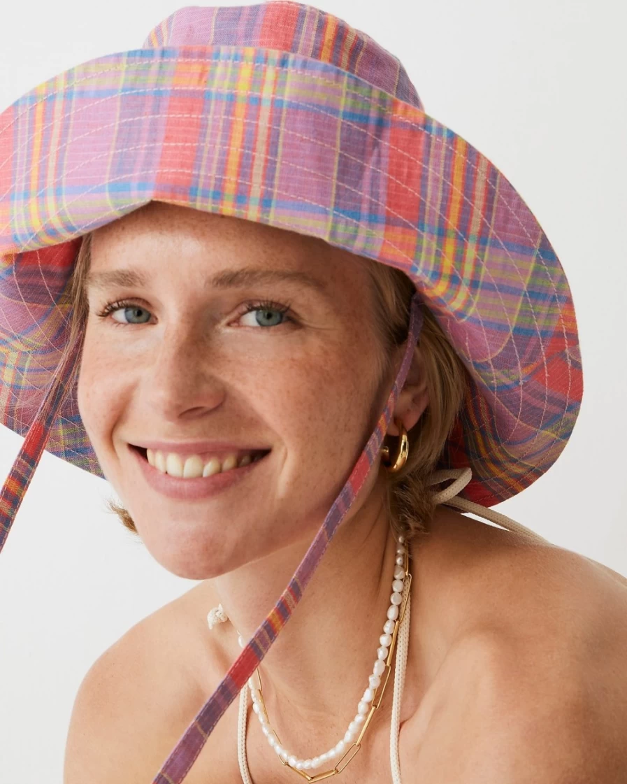 J.Crew Women's Coral Madras Bucket Hat with Adjustable Ties
