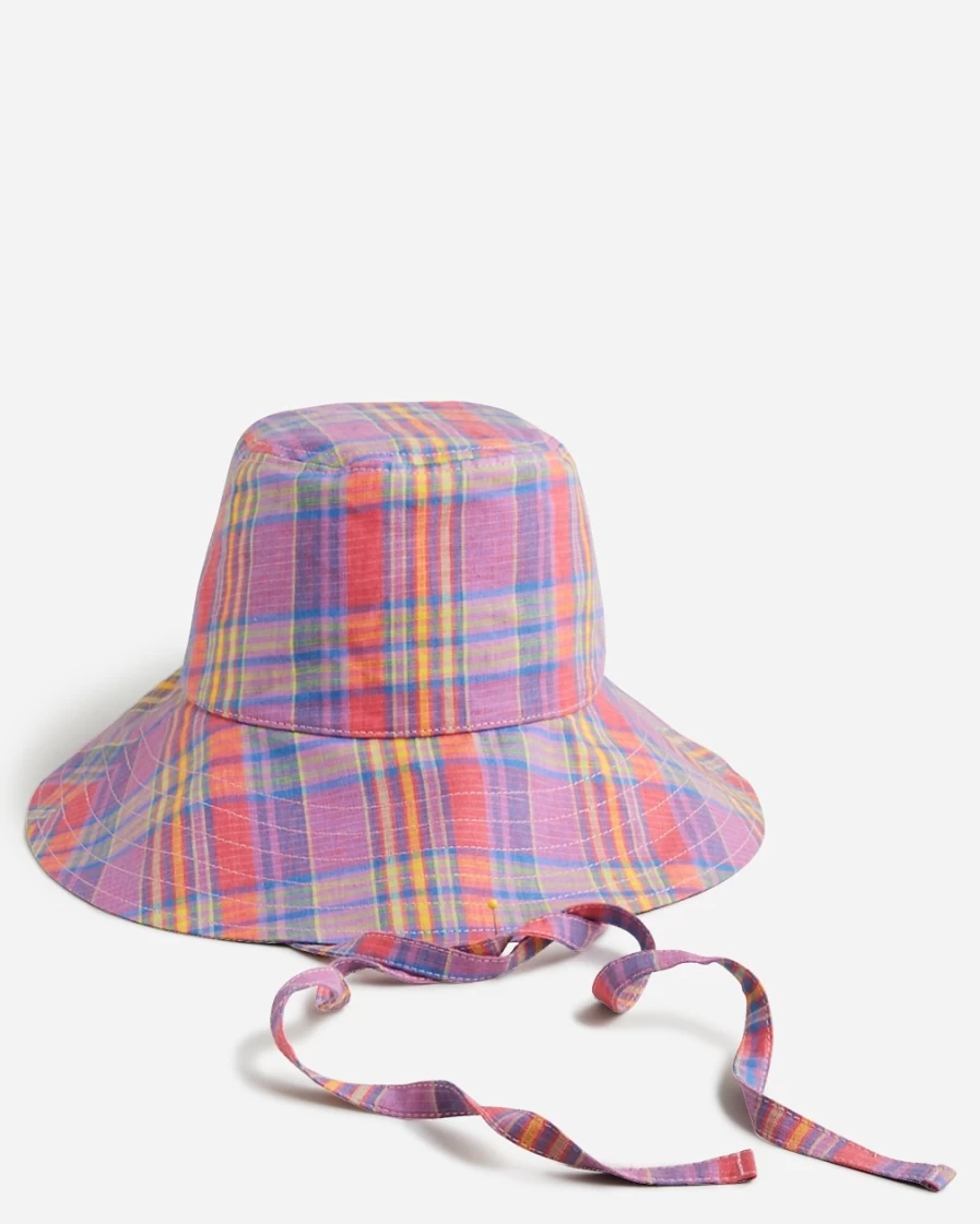 J.Crew Women's Coral Madras Bucket Hat with Adjustable Ties