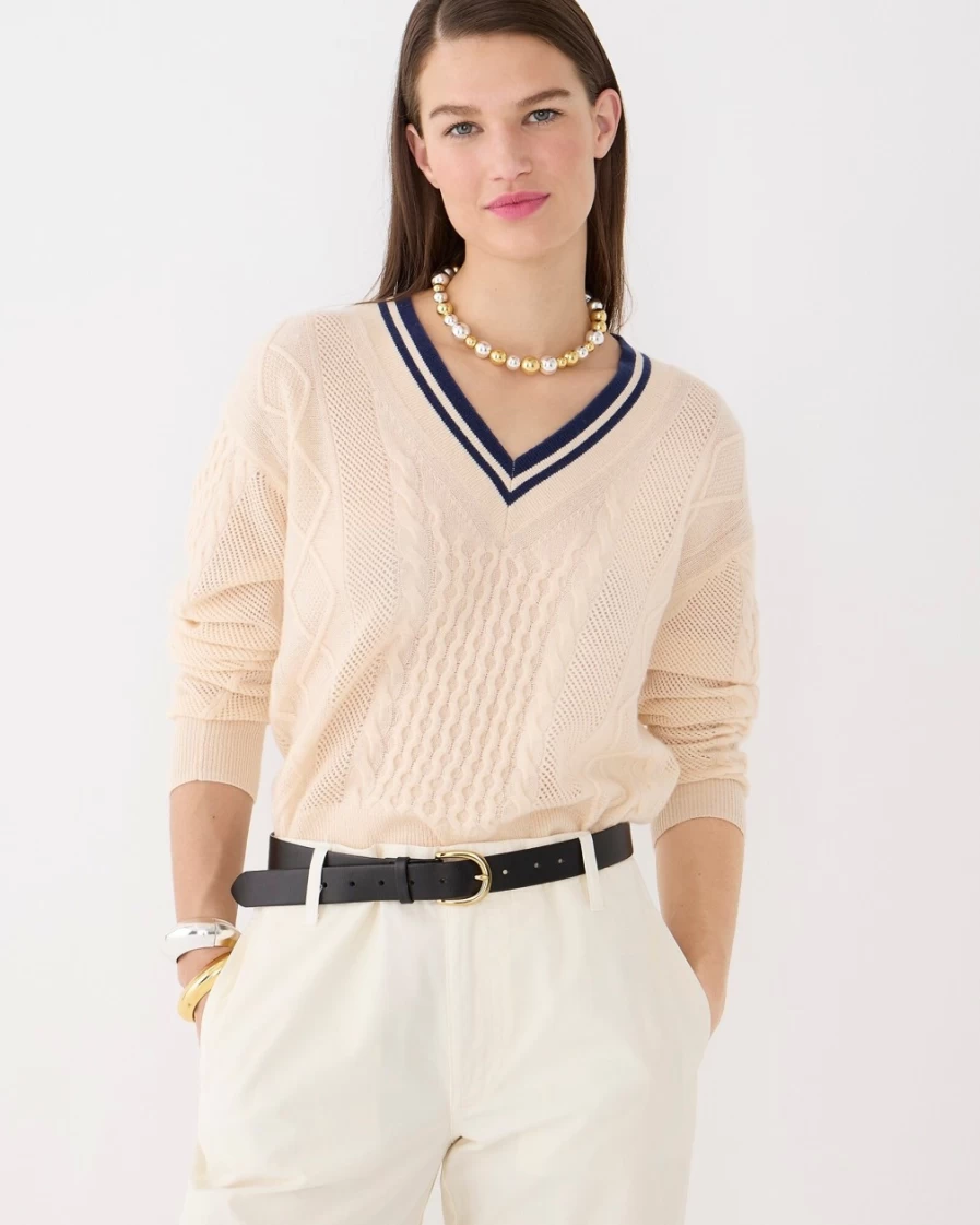 J.Crew Women's Cashmere Pointelle Cricket Sweater in Cream & Navy