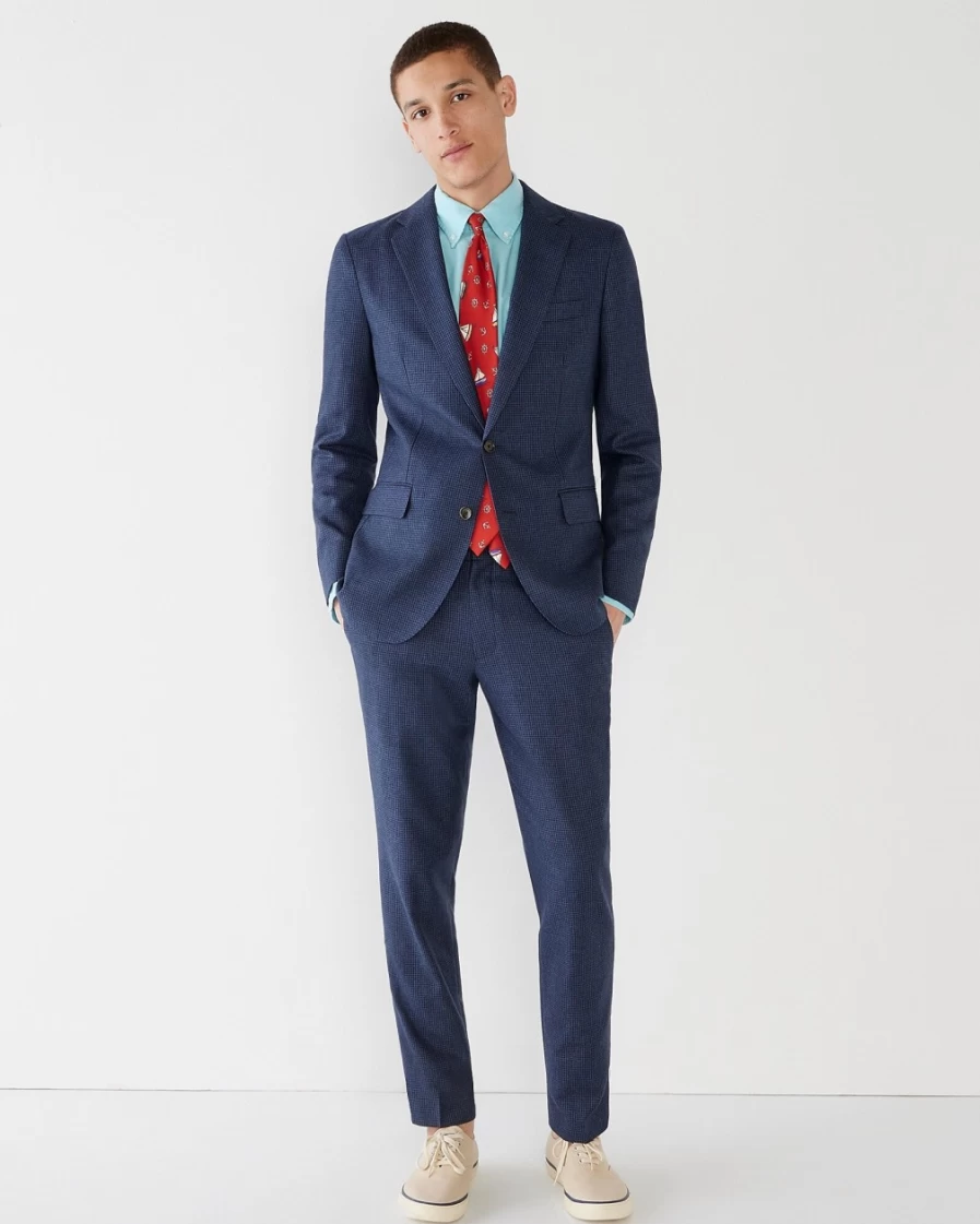 J.Crew Men's Ludlow Slim-Fit Blue Houndstooth Suit Jacket in English Cotton-Wool Blend