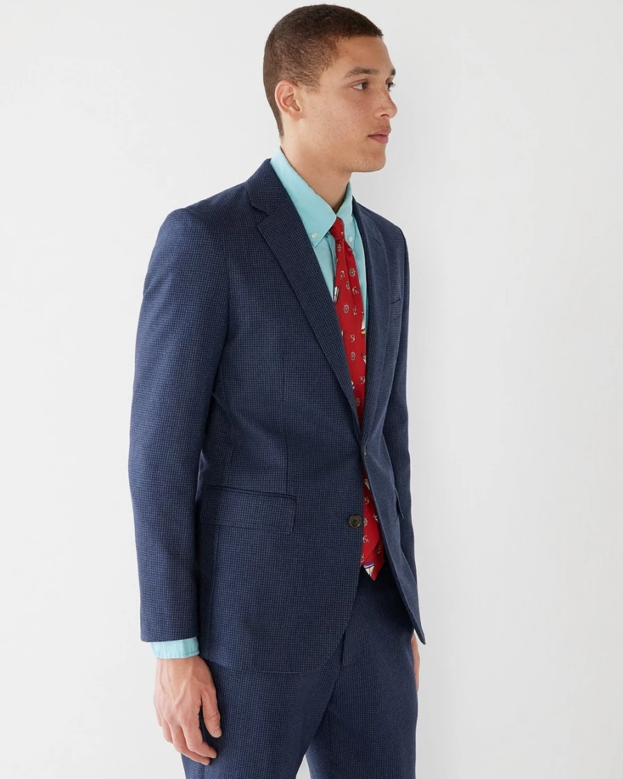 J.Crew Men's Ludlow Slim-Fit Blue Houndstooth Suit Jacket in English Cotton-Wool Blend