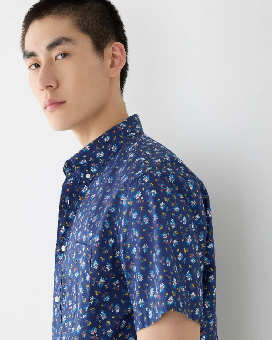 J.Crew Men's Midnight Flower Blue Short-Sleeve Secret Wash Cotton Poplin Shirt