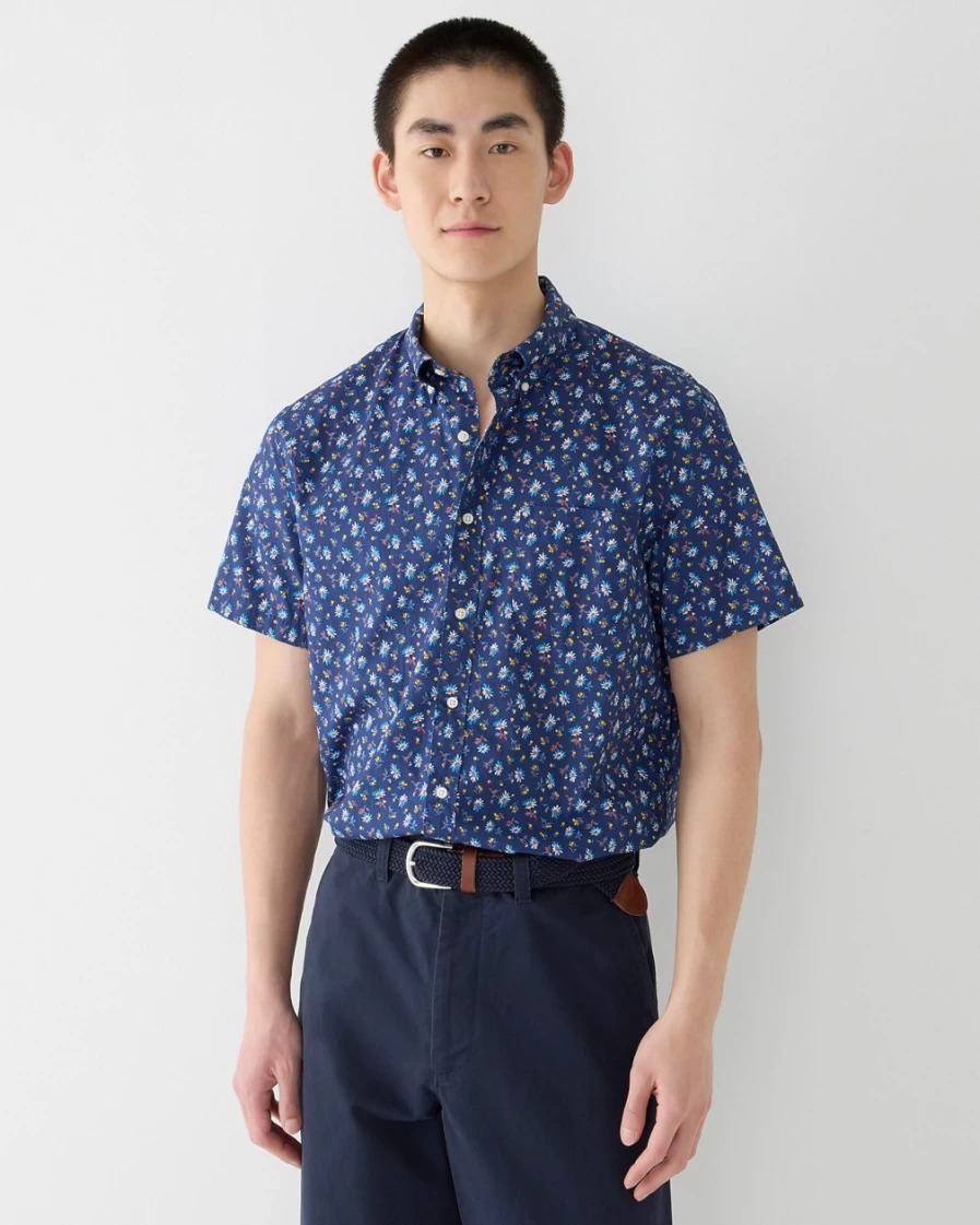 J.Crew Men's Midnight Flower Blue Short-Sleeve Secret Wash Cotton Poplin Shirt