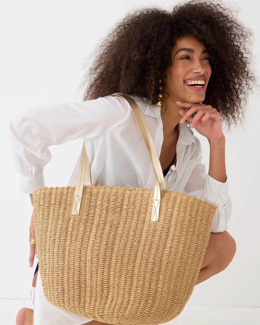 J.Crew Women's Metallic Gold Woven Straw Market Tote Bag