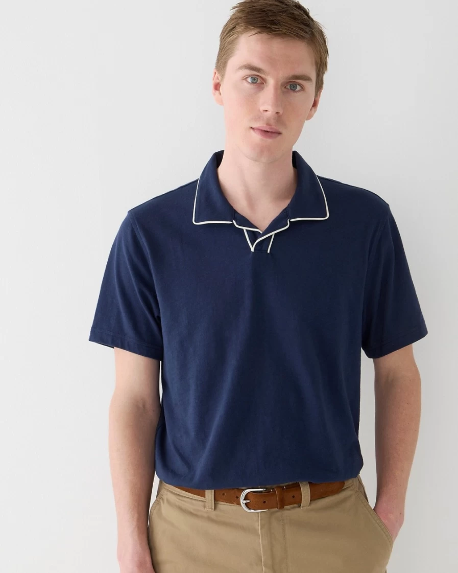 J.Crew Men's Navy Tipped Slub Cotton Johnny-Collar Polo Shirt - Garment-Dyed