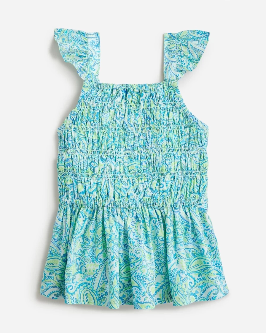 J.Crew Girls' Green Paisley Flutter-Sleeve Smocked Tank Top
