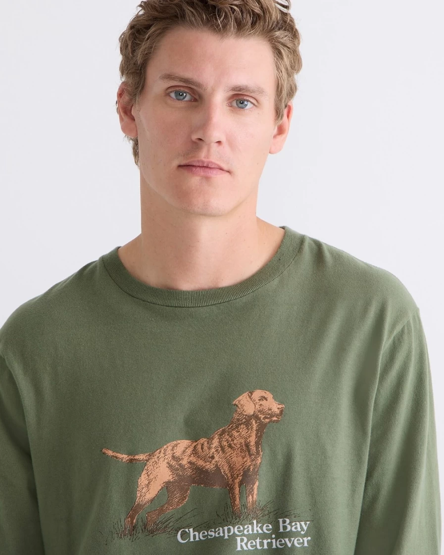 Men's J.Crew Long-Sleeve Retriever Graphic T-Shirt in Cypress Chesapeake Bay - Made in USA