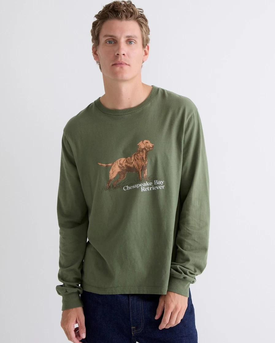 Men's J.Crew Long-Sleeve Retriever Graphic T-Shirt in Cypress Chesapeake Bay - Made in USA