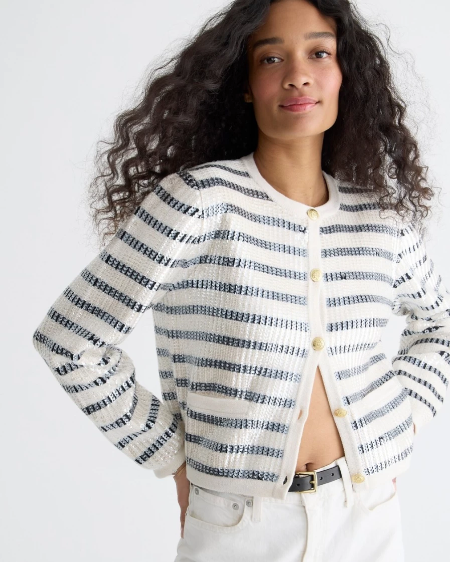 J.Crew Women's Emilie Sequin Stripe Sweater Jacket in Ivory & Black