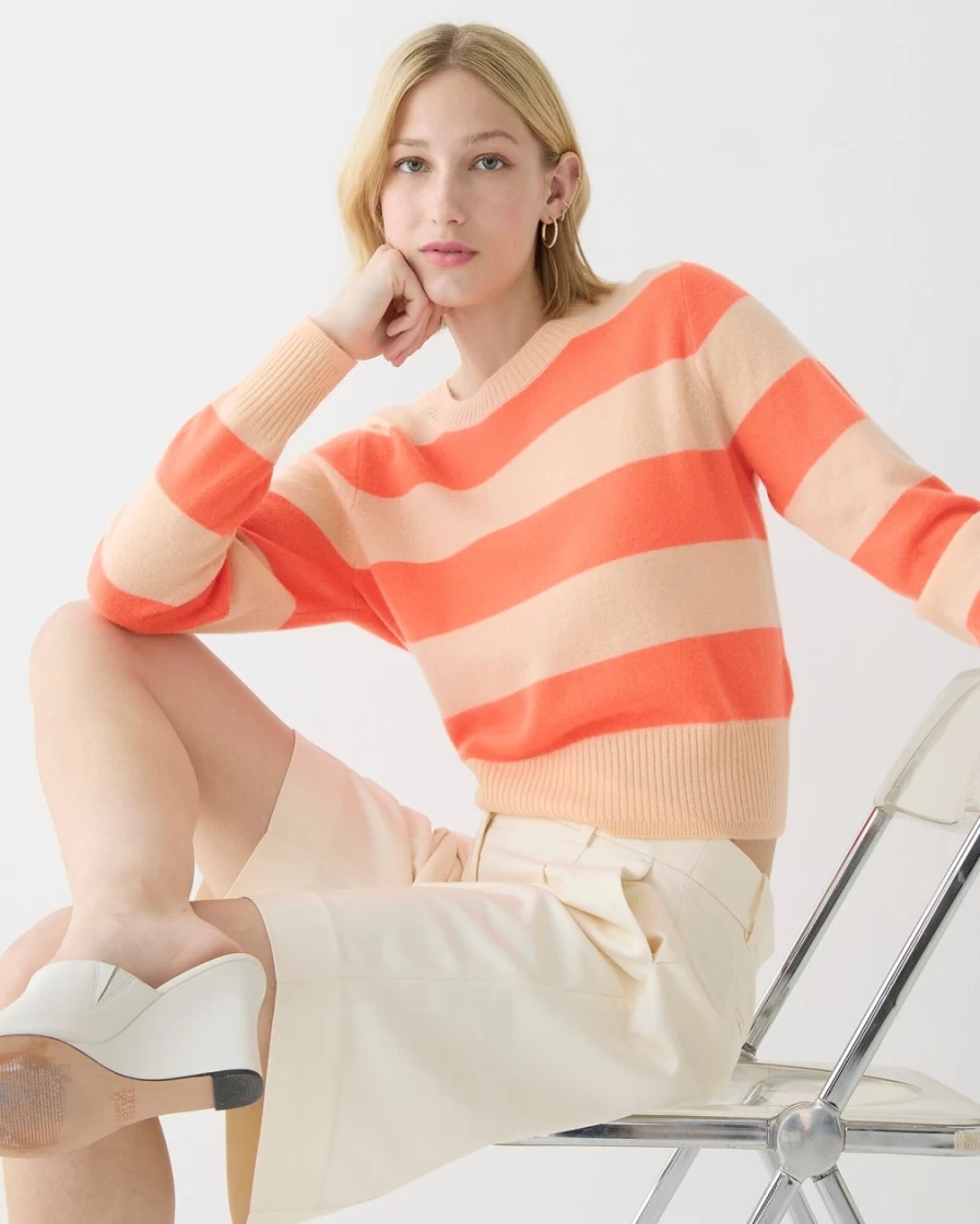 J.Crew Women's Apricot Papaya Cropped Cashmere Rugby Stripe Crewneck Sweater